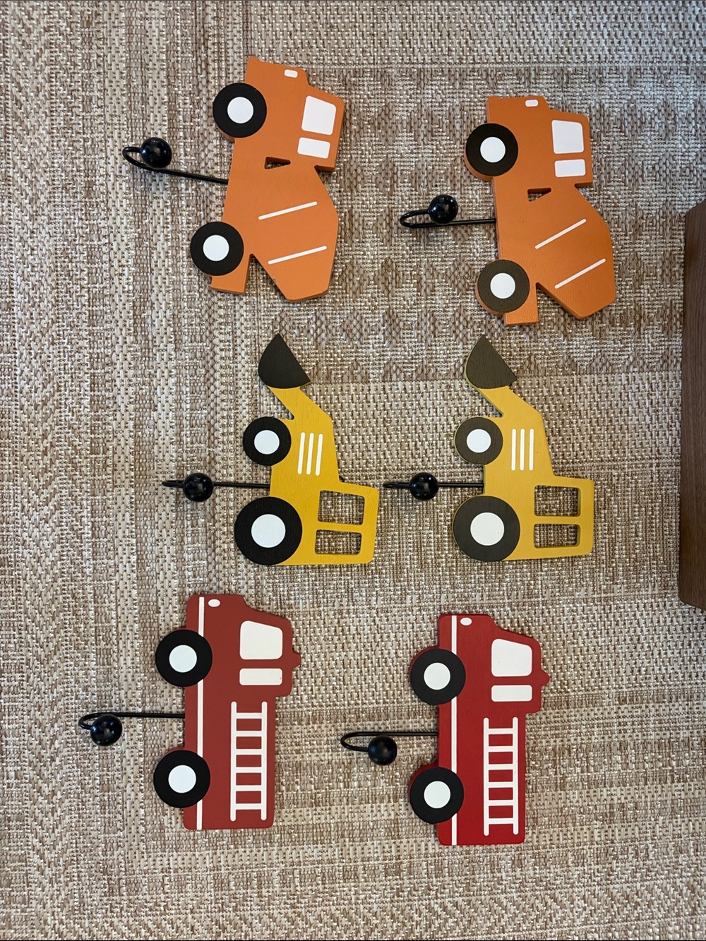 Wooden Truck and Car Wall Hooks - Set of 6 Kids Decor (Orange, Yellow, Red)